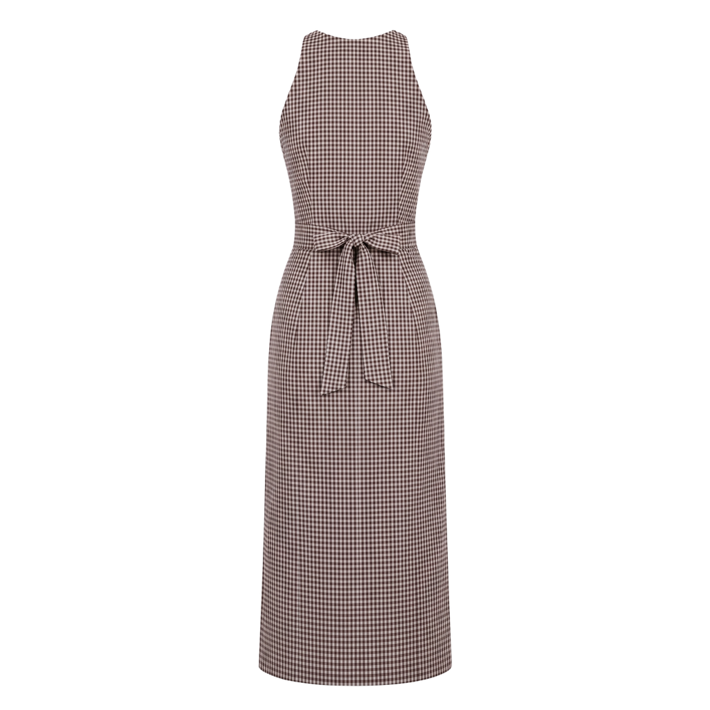 Brown Checks Halter Midi Dress