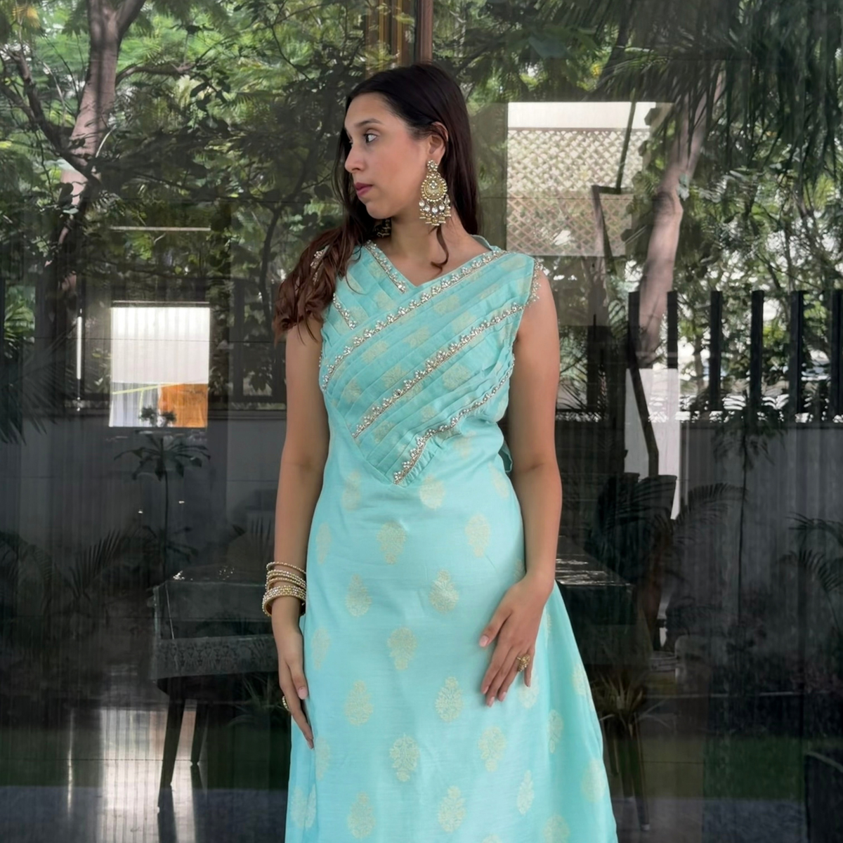 Mint V-Neck Pleated Dress