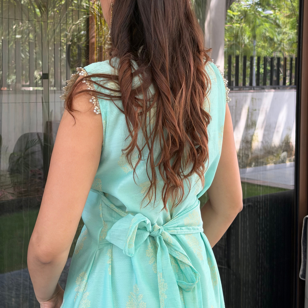 Mint V-Neck Pleated Dress