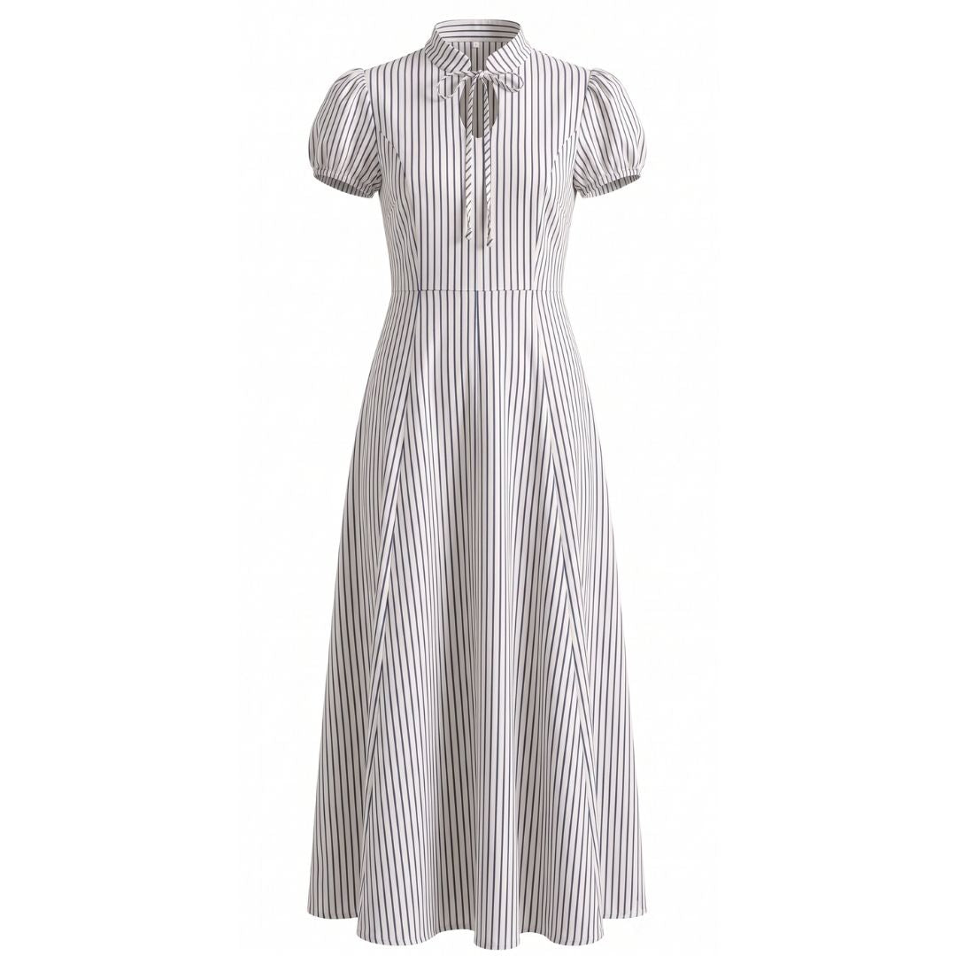 Stripe Tie-Neck Puff Sleeve Dress