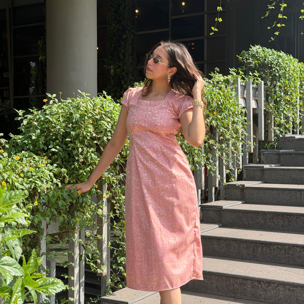 Brocade Puff Sleeve Fit & Flare Dress