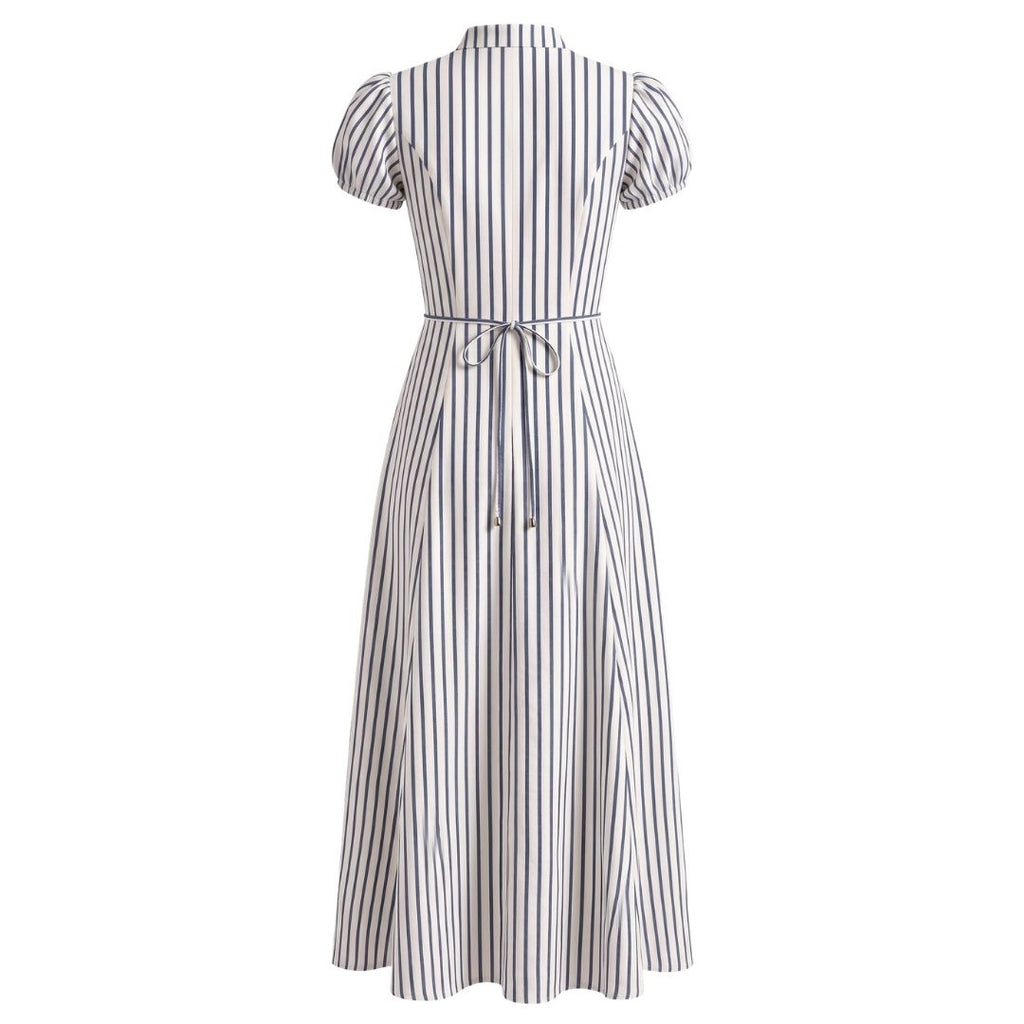 Tie-Neck Puff Sleeve Fit & Flare Dress- Stripe