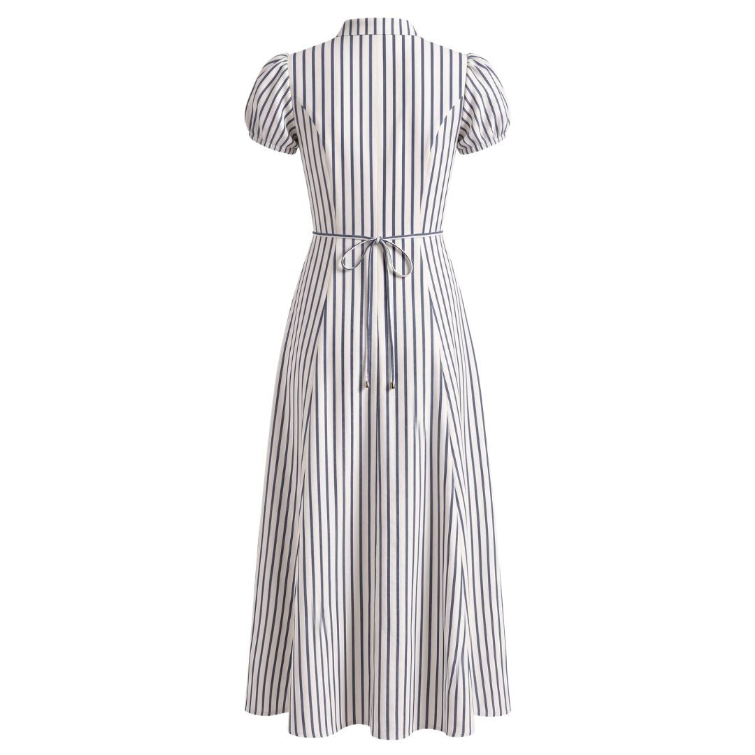 Tie-Neck Puff Sleeve Fit & Flare Dress- Stripe