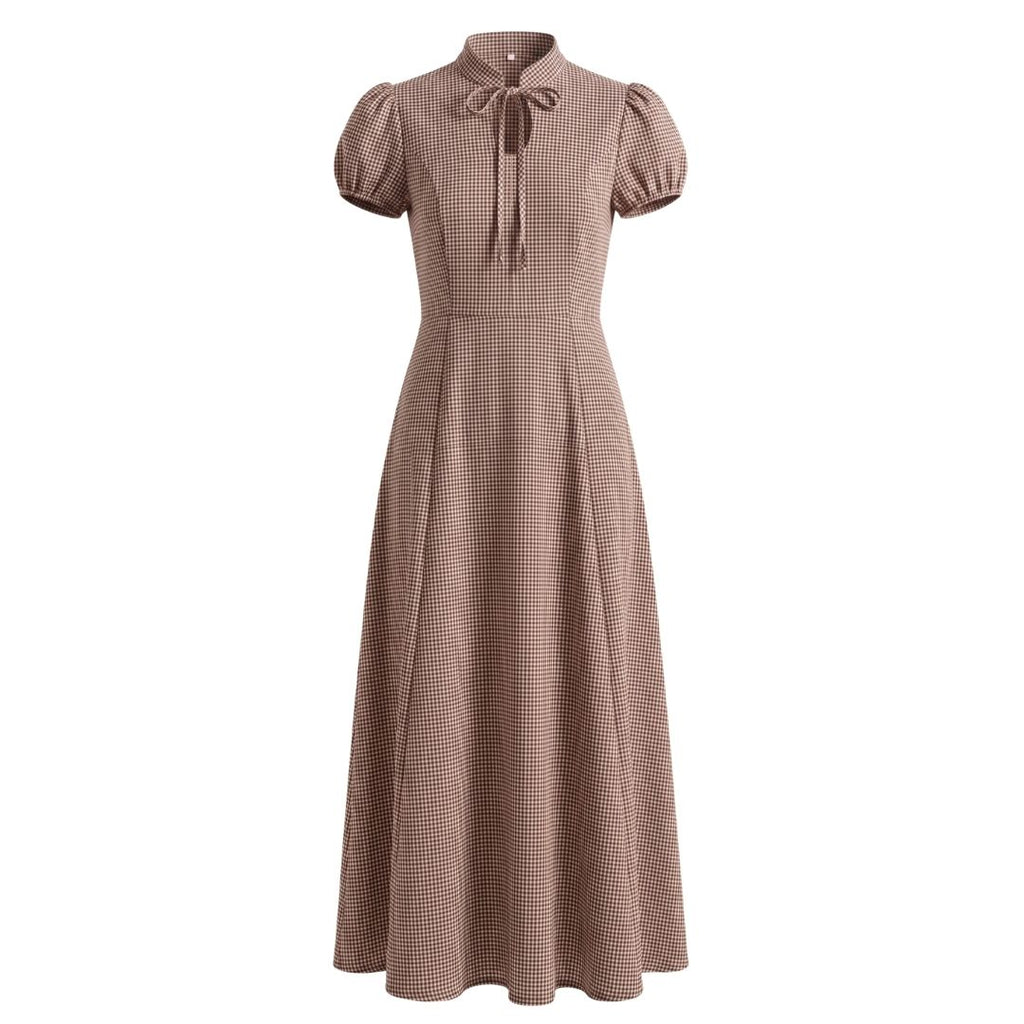 Tie-Neck Puff Sleeve Fit & Flare Dress- Checks