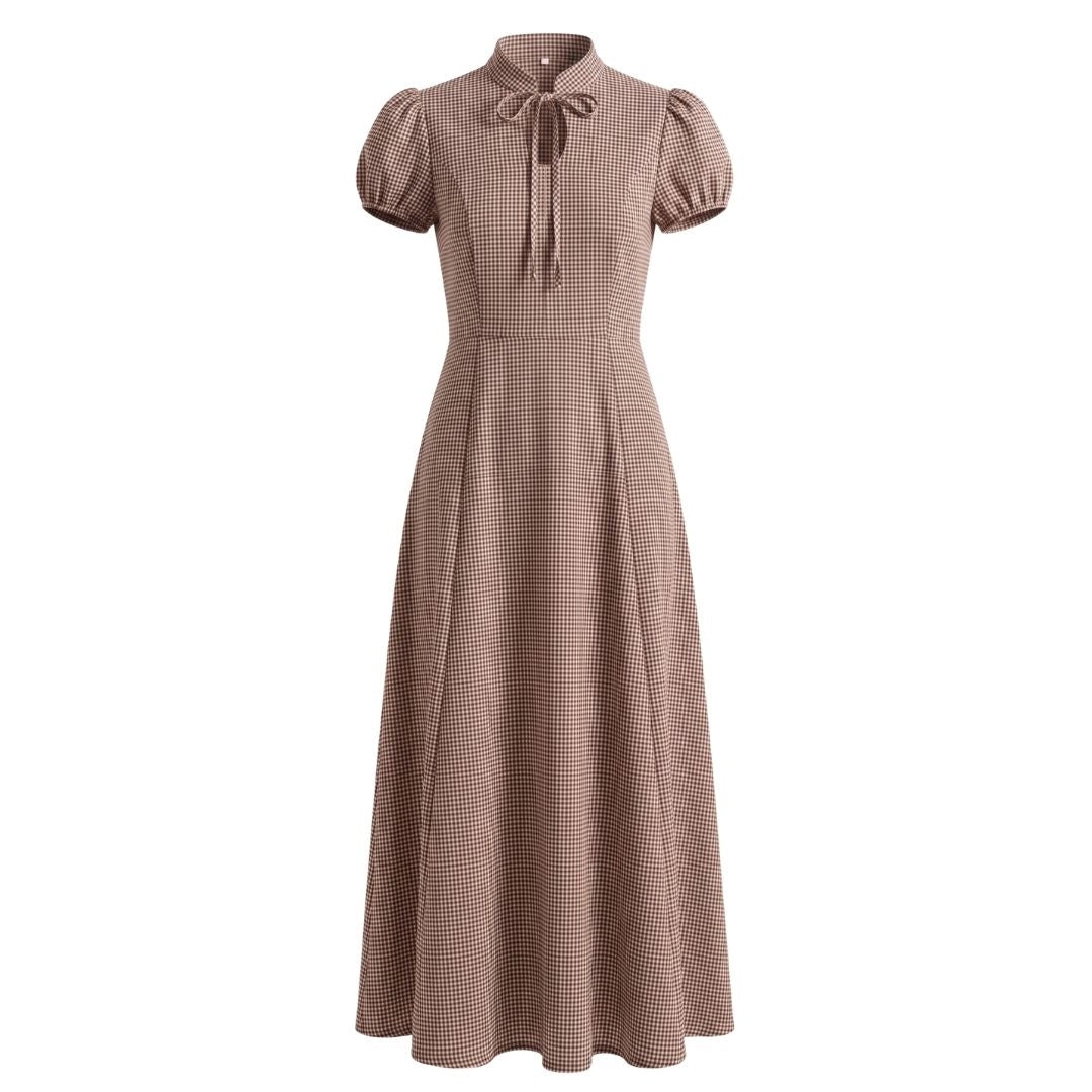 Tie-Neck Puff Sleeve Fit & Flare Dress- Checks