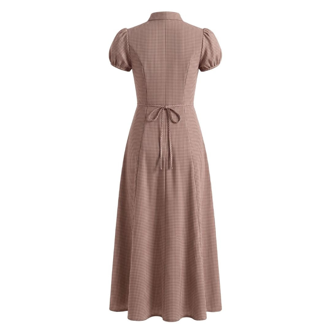 Tie-Neck Puff Sleeve Fit & Flare Dress- Checks
