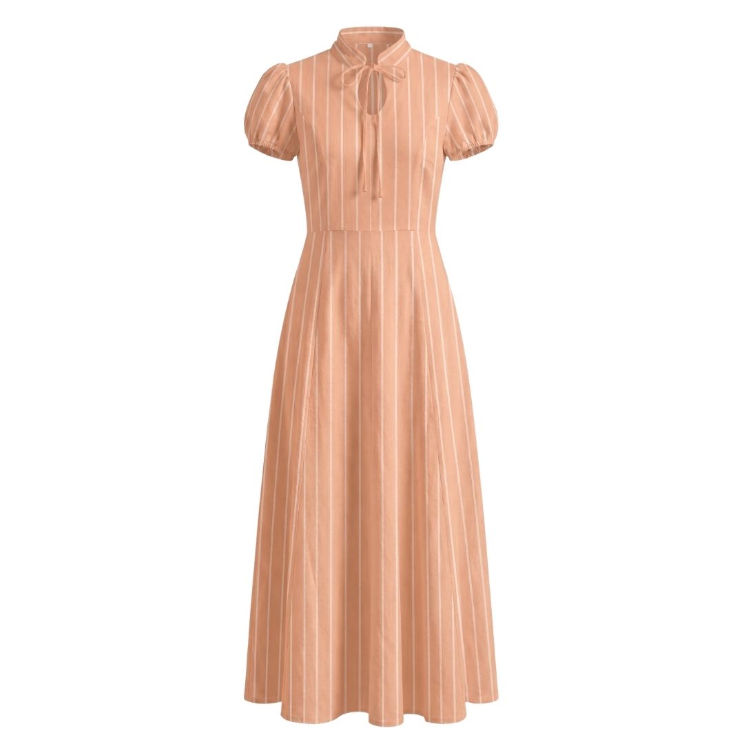 Stripe Tie-Neck Puff Sleeve Dress