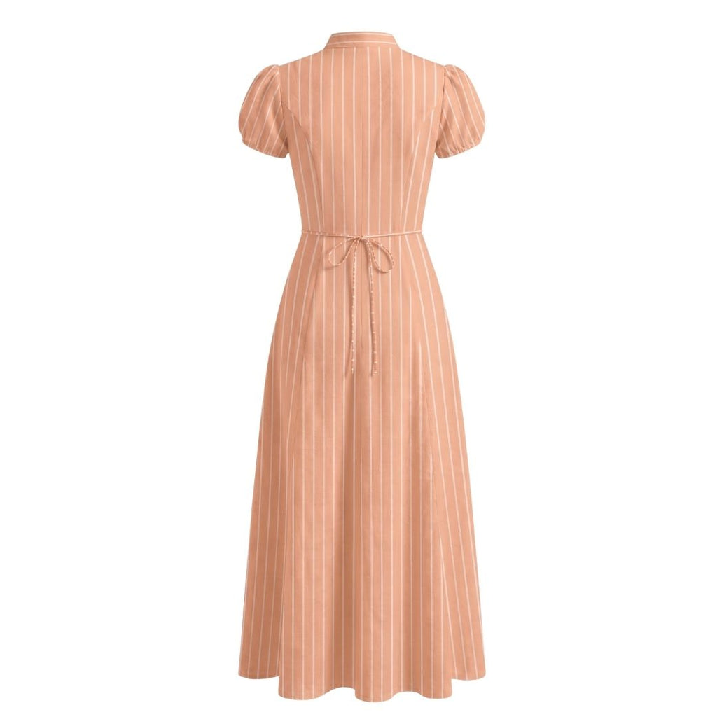 Tie-Neck Puff Sleeve Fit & Flare Dress- Stripe