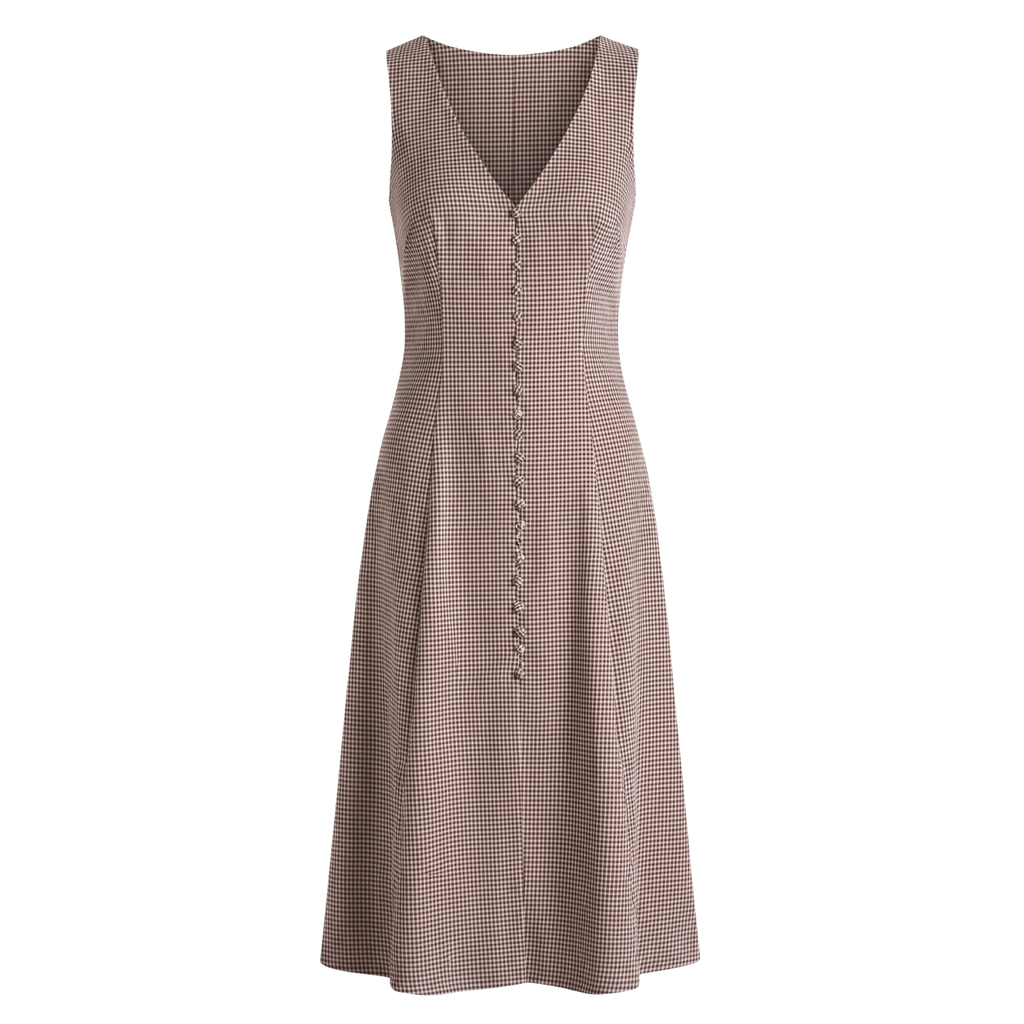 Brown Checks Button Front Midi Dress