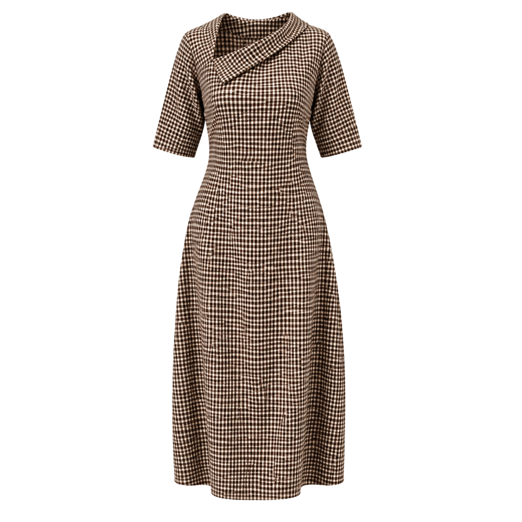 Gingham Asymmetric Collar Midi Dress