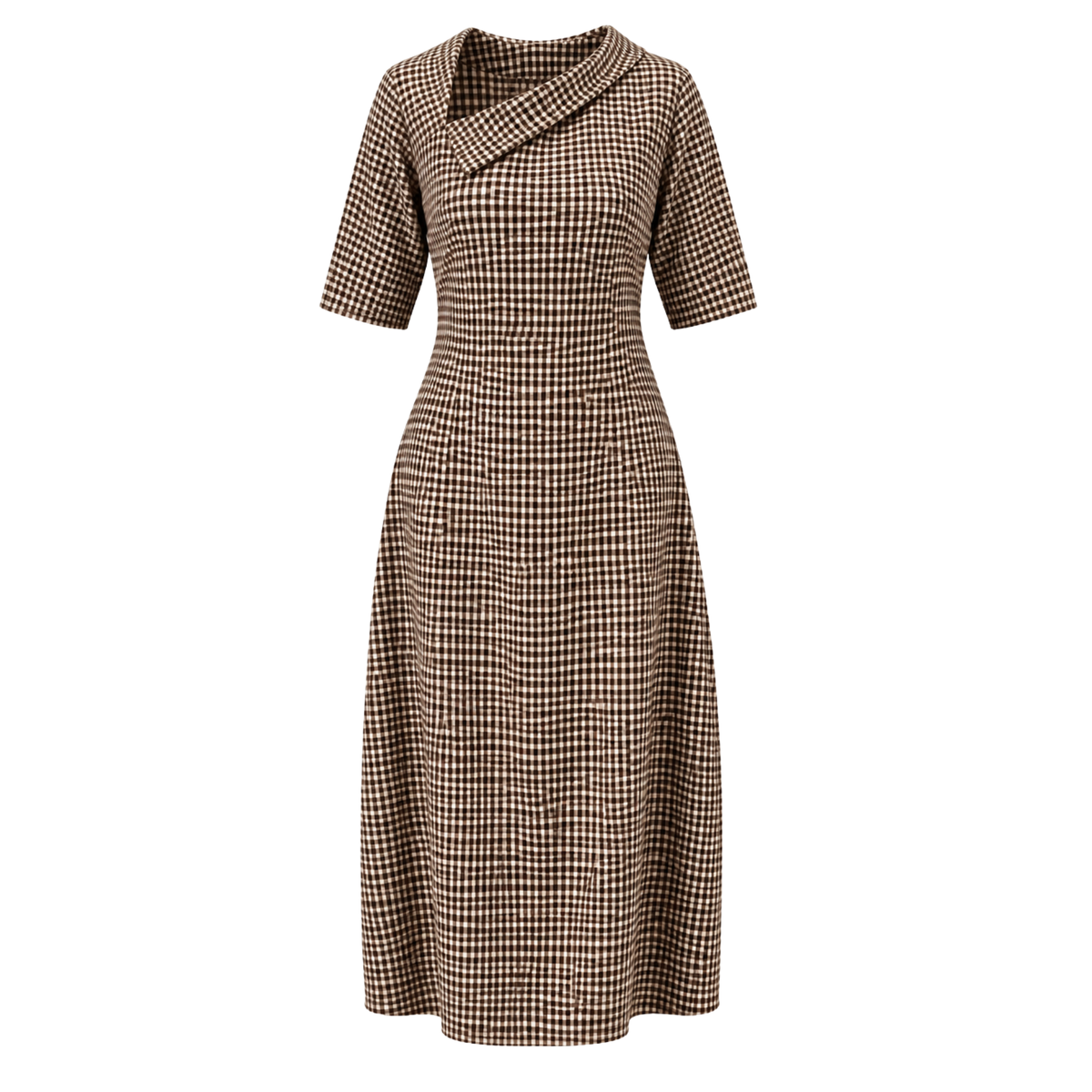 Gingham Asymmetric Collar Midi Dress