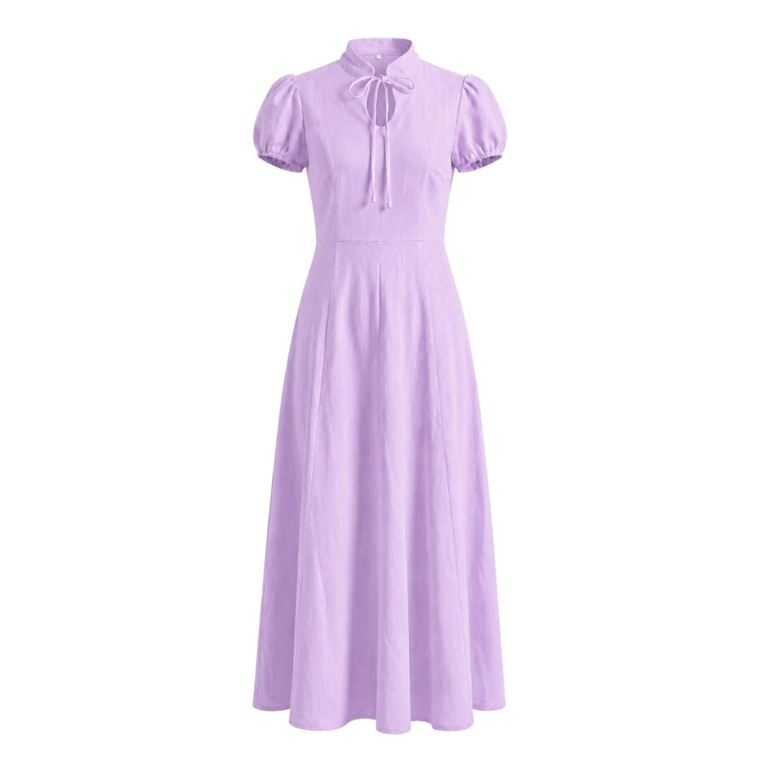Tie-Neck Puff Sleeve Fit & Flare Dress