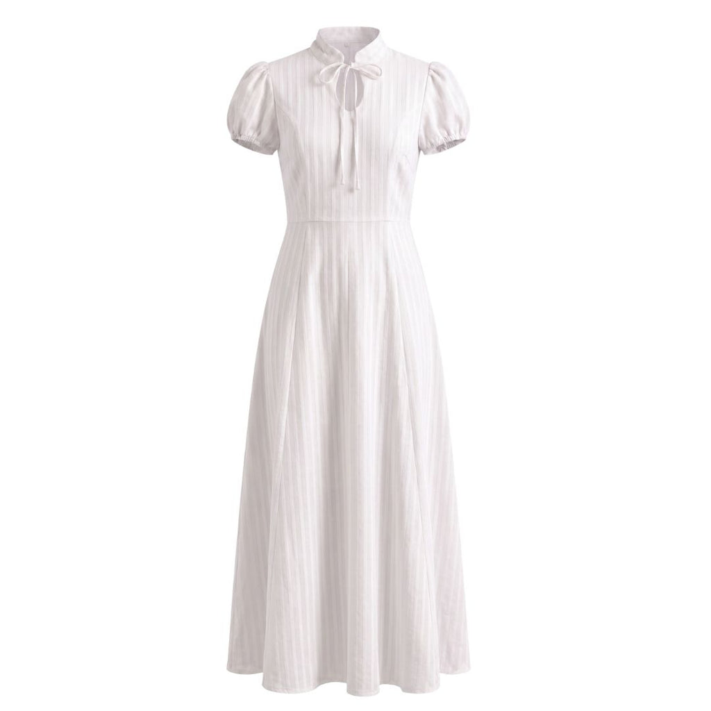 Tie-Neck Puff Sleeve Fit & Flare Dress- Stripe