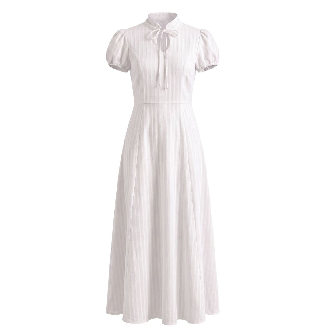 Tie-Neck Puff Sleeve Fit & Flare Dress- Stripe