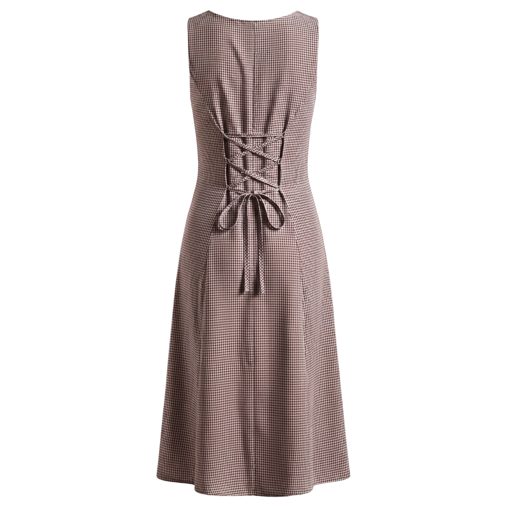 Brown Checks Button Front Midi Dress