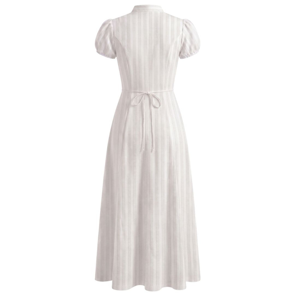 Tie-Neck Puff Sleeve Fit & Flare Dress- Stripe