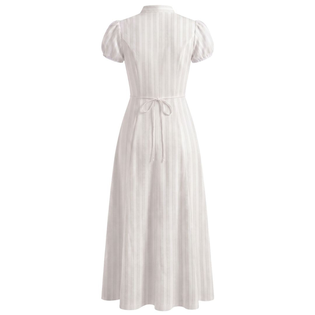 Tie-Neck Puff Sleeve Fit & Flare Dress- Stripe