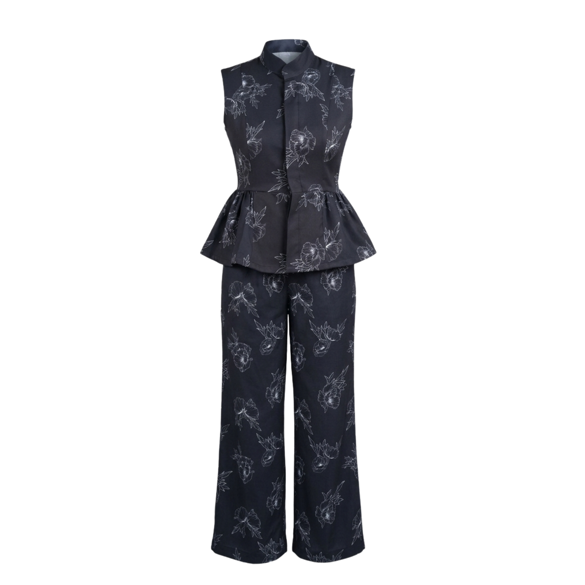 Women’s Black Floral Peplum Co-ord Set – Sleeveless Top & Trouser Set