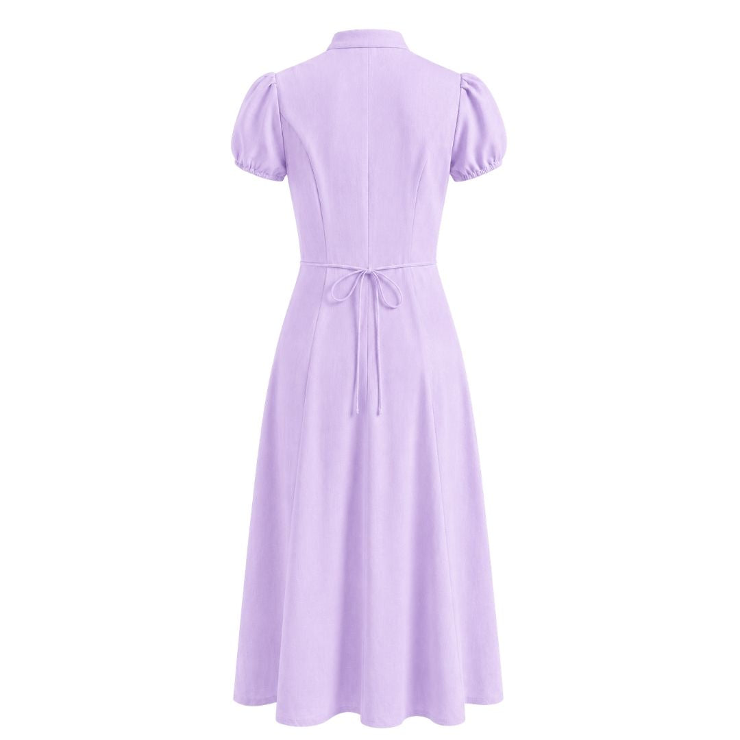 Tie-Neck Puff Sleeve Fit & Flare Dress