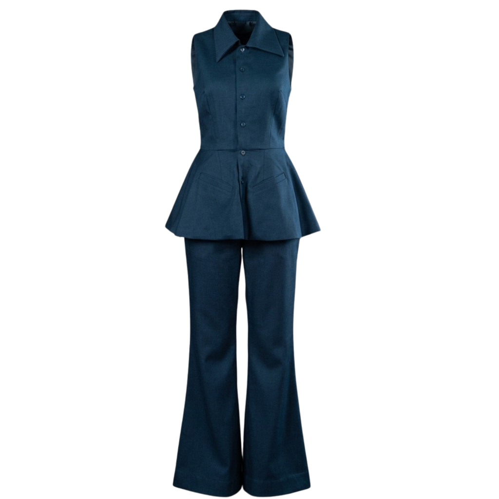 Women’s Navy Blue Co-ord Set – Tailored Peplum Top & Flared Trouser Set