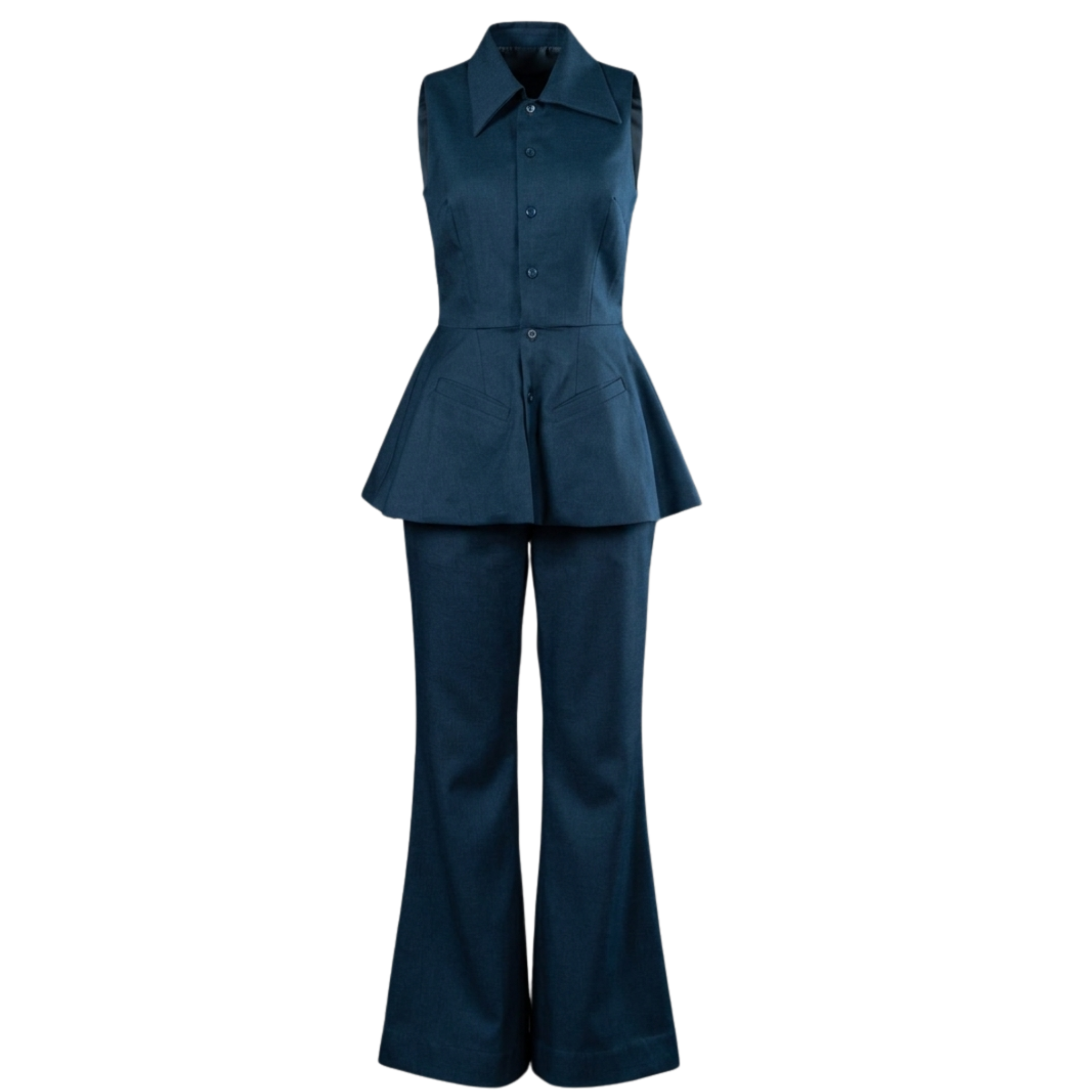 Women’s Navy Blue Co-ord Set – Tailored Peplum Top & Flared Trouser Set