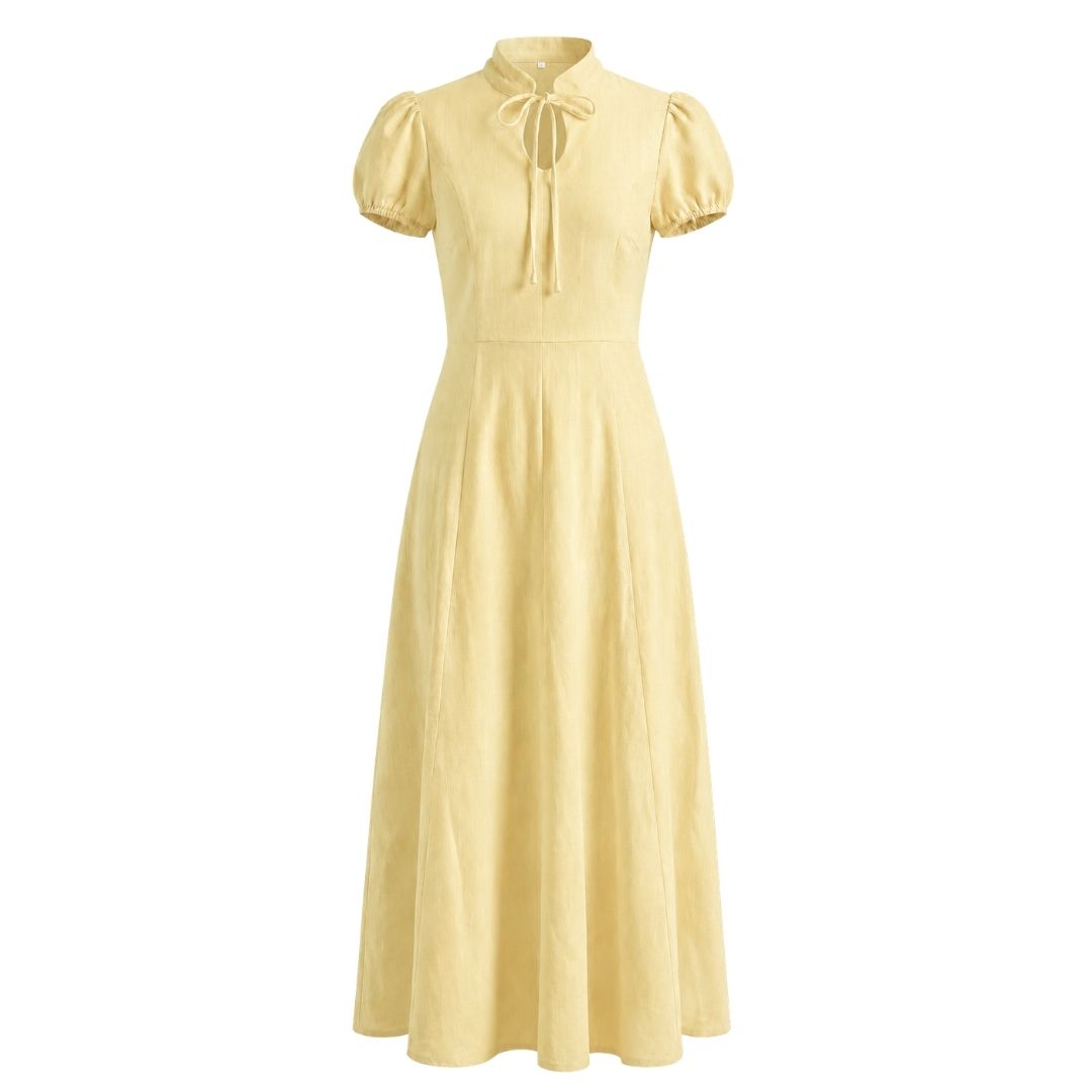 Tie-Neck Puff Sleeve Fit & Flare Dress