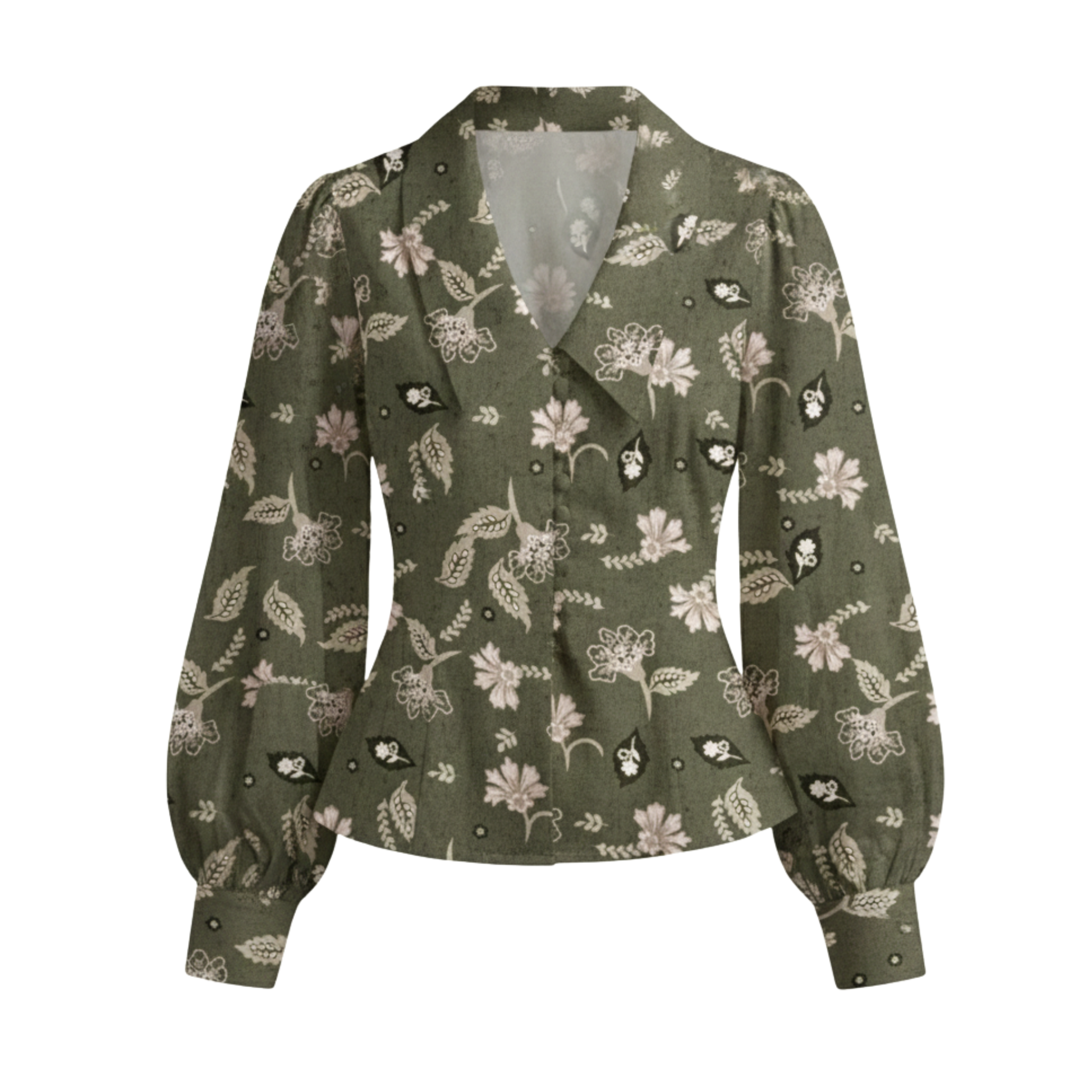 Olive Floral Puff Sleeve Shirt