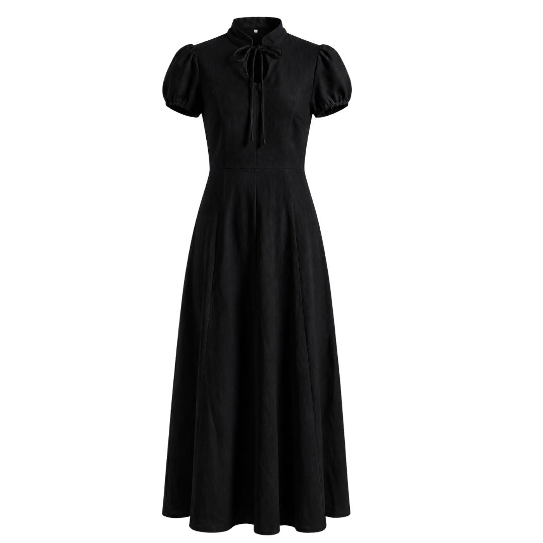 Tie-Neck Puff Sleeve Fit & Flare Dress