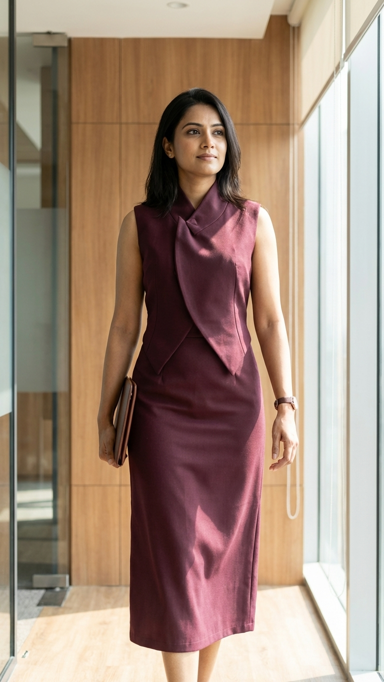 Women’s Maroon Waistcoat & Skirt Co-ord Set – Tailored Formal Two-Piece Set