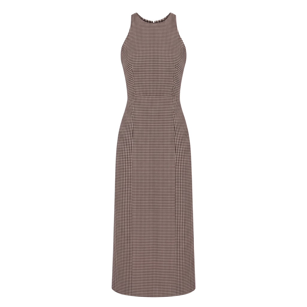 Brown Checks Halter Midi Dress