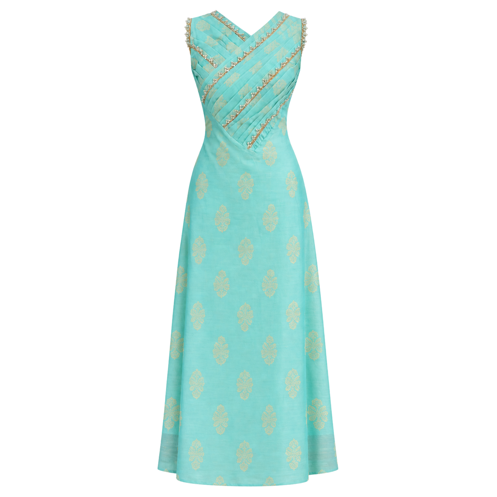 Mint V-Neck Pleated Dress