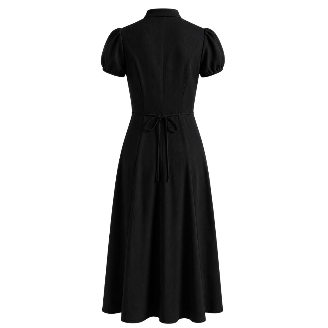 Tie-Neck Puff Sleeve Fit & Flare Dress