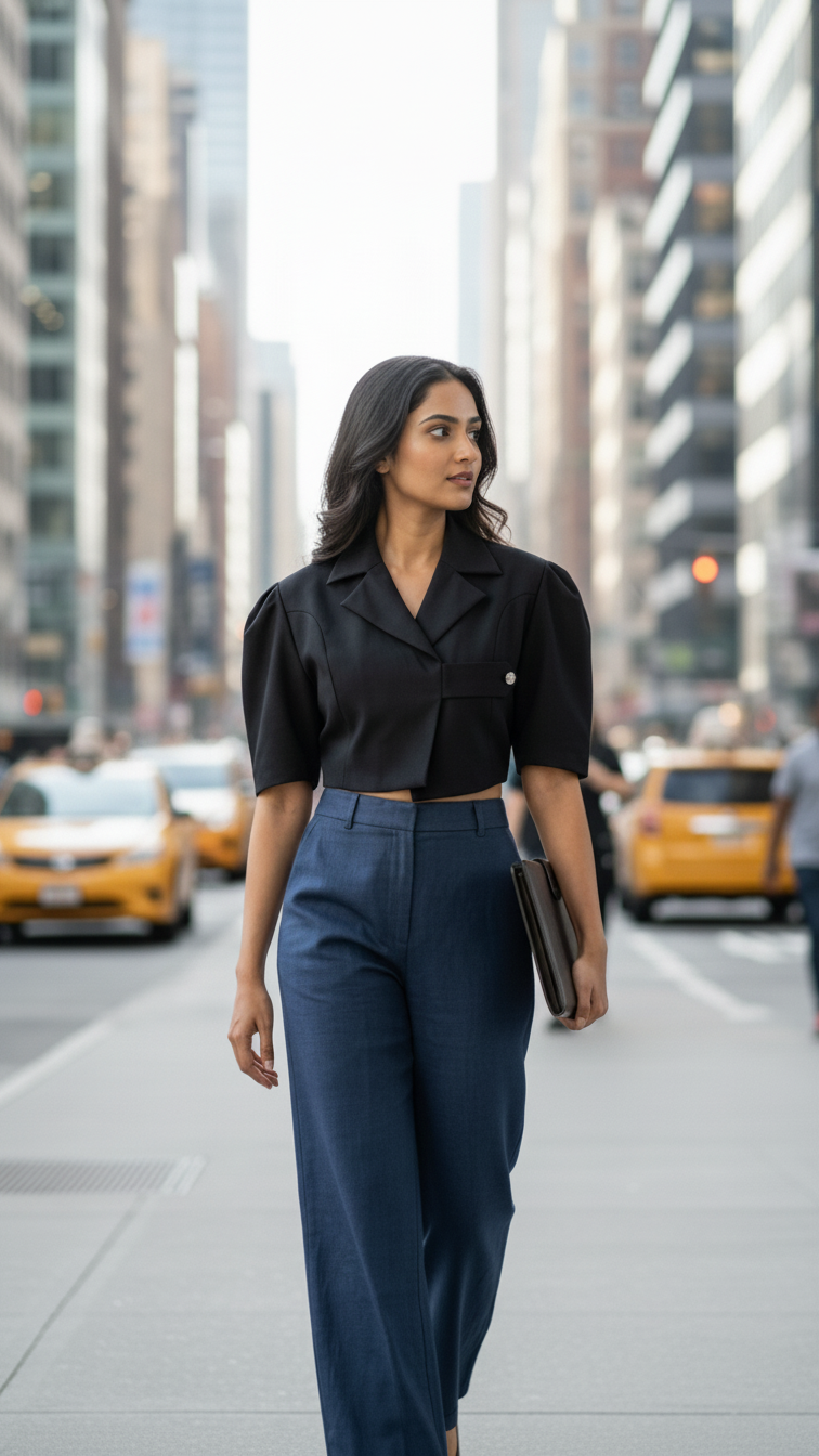 Women’s Black Cropped Blazer Top – Tailored Formal Workwear Jacket