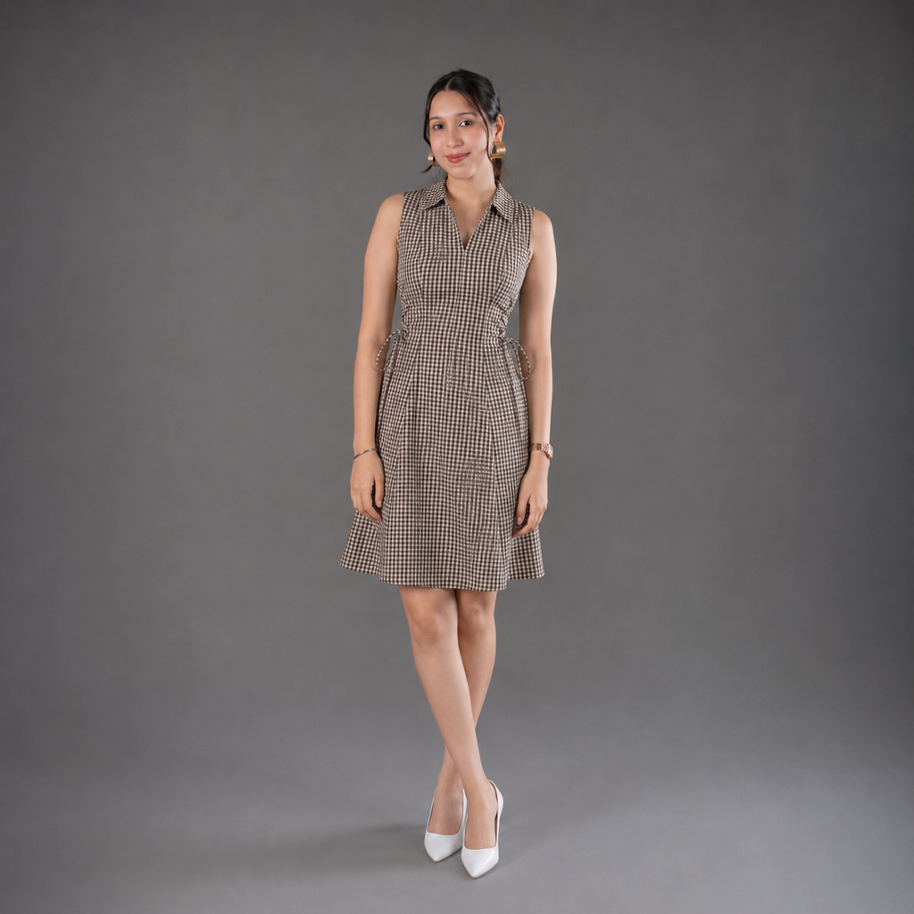 Brown Checks Short Tie Waist Dress-Cotton