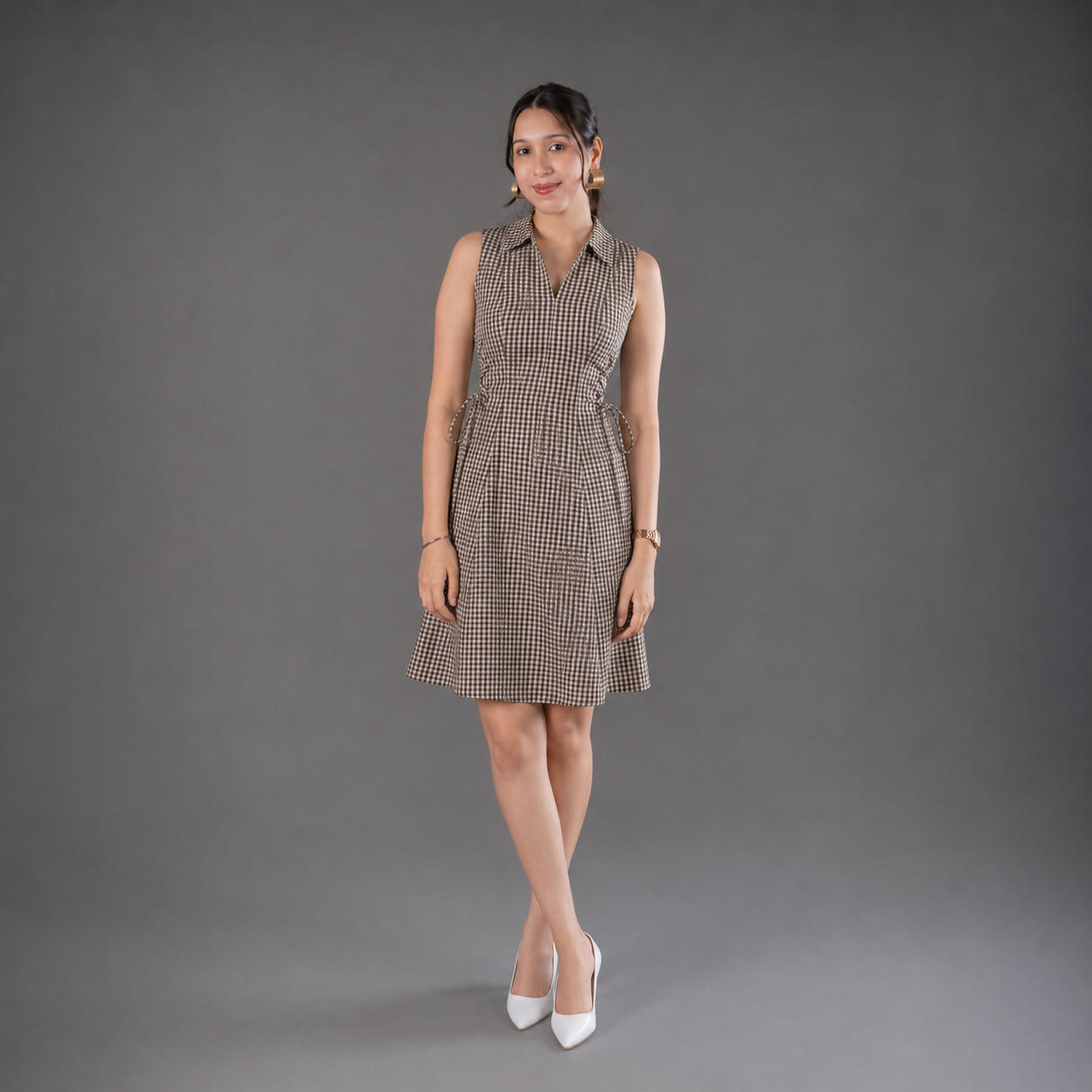 Brown Checks Short Tie Waist Dress-Cotton