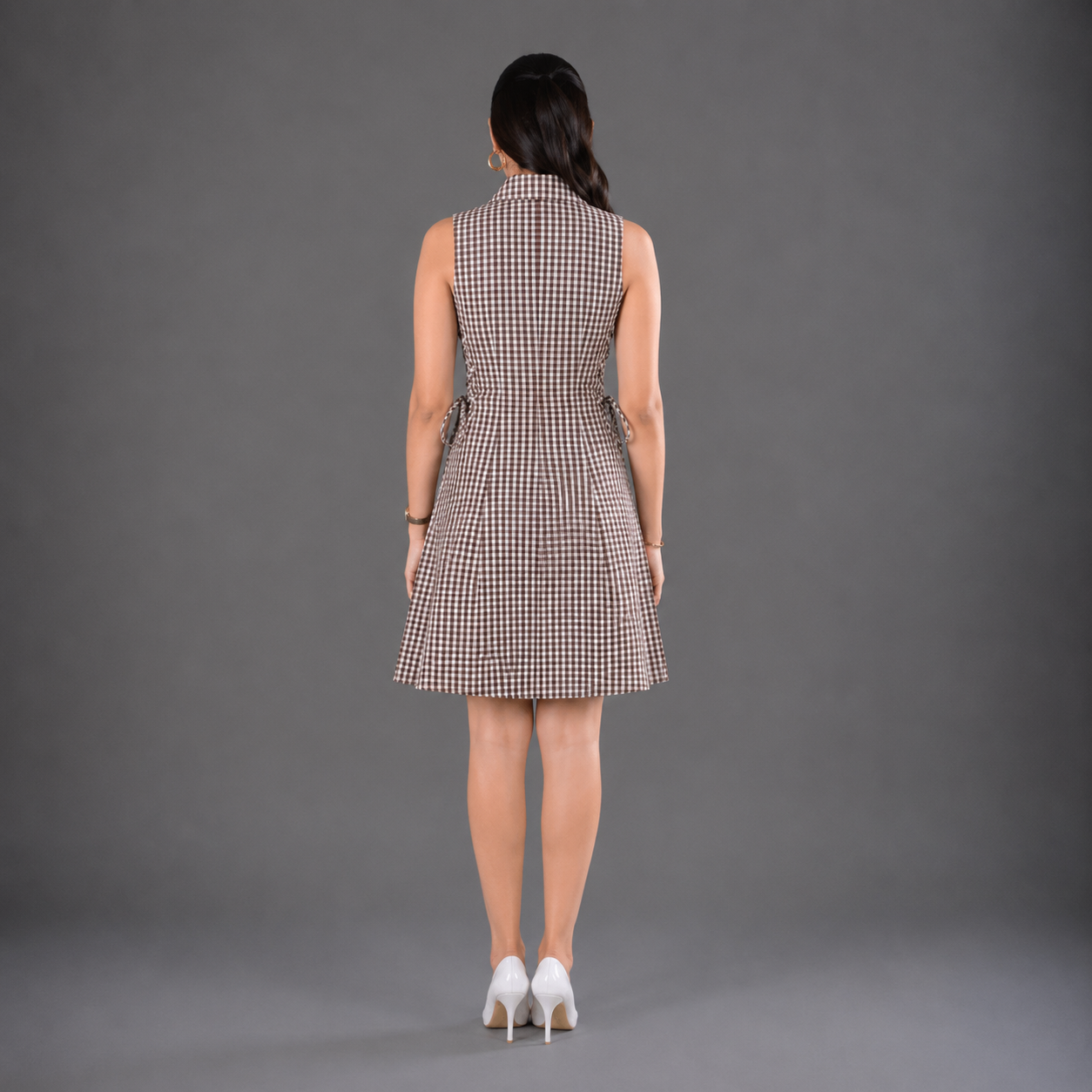 Brown Checks Short Tie Waist Dress-Cotton