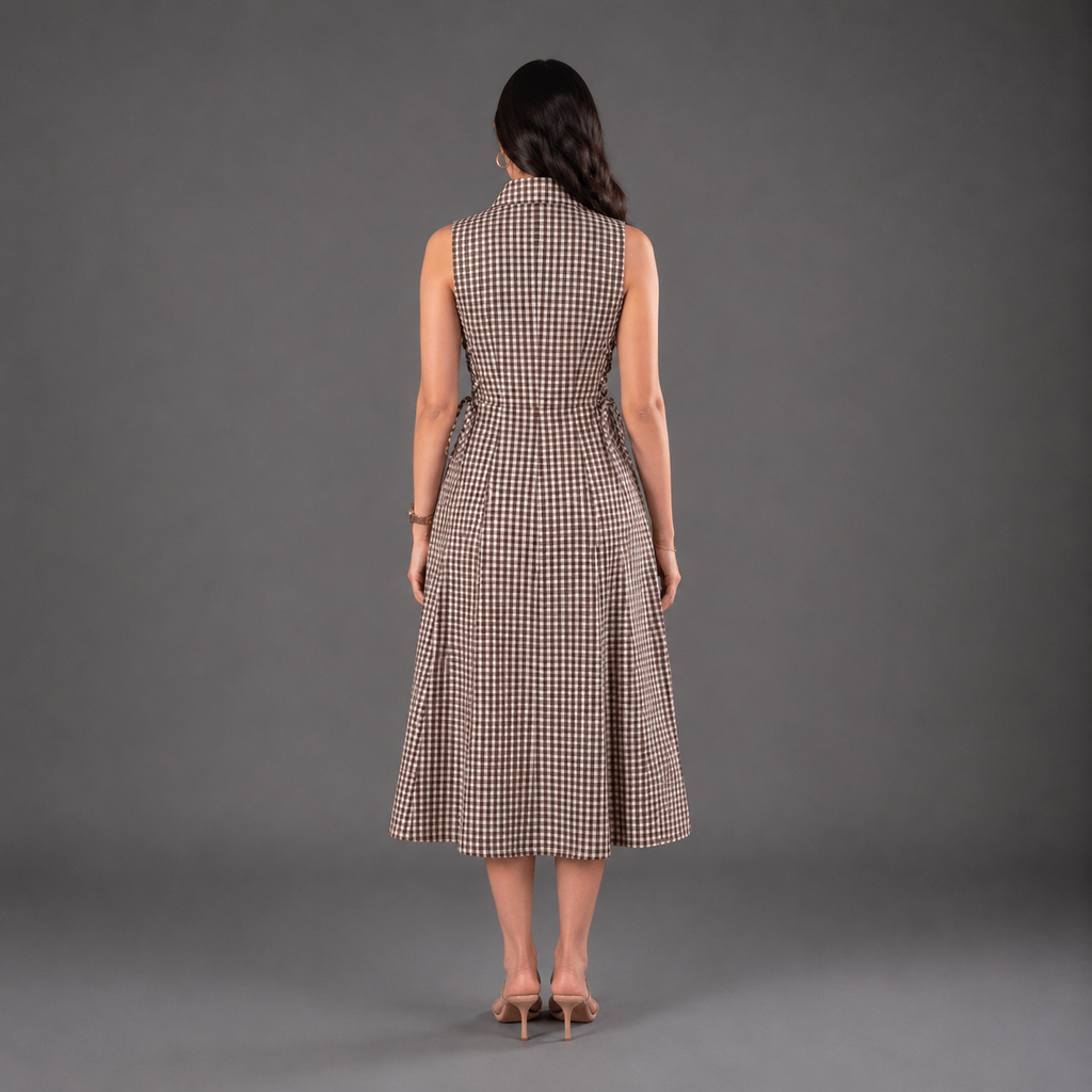 Brown Checks Tie Waist Dress-Cotton
