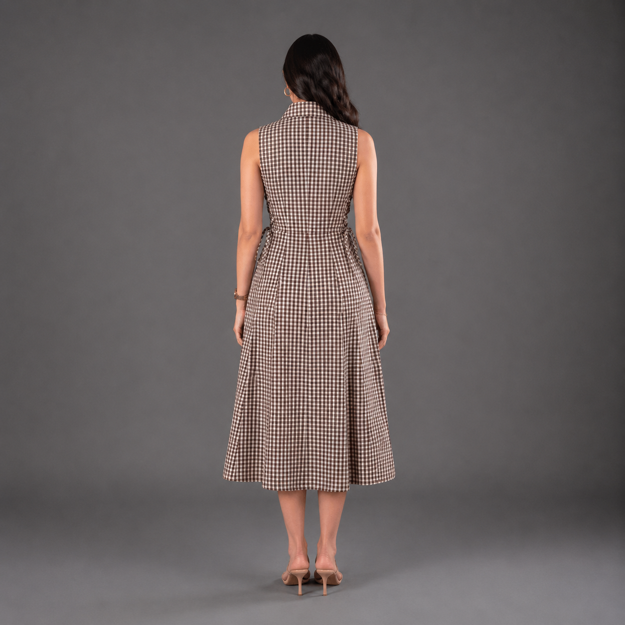 Brown Checks Tie Waist Dress-Cotton
