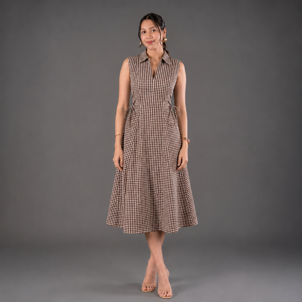 Brown Checks Tie Waist Dress-Cotton