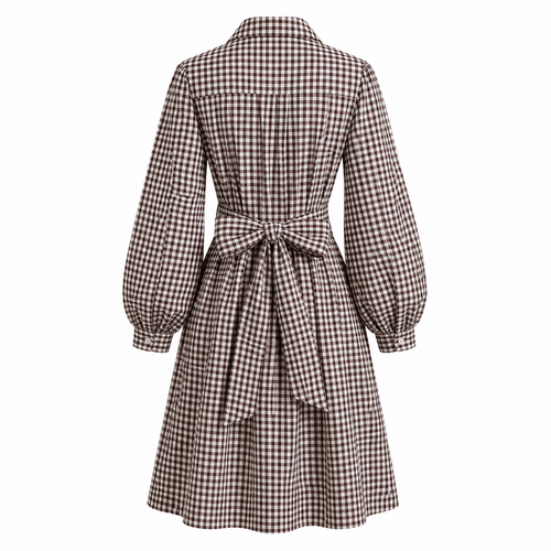 Brown Checks Short Wrap Dress-Cotton