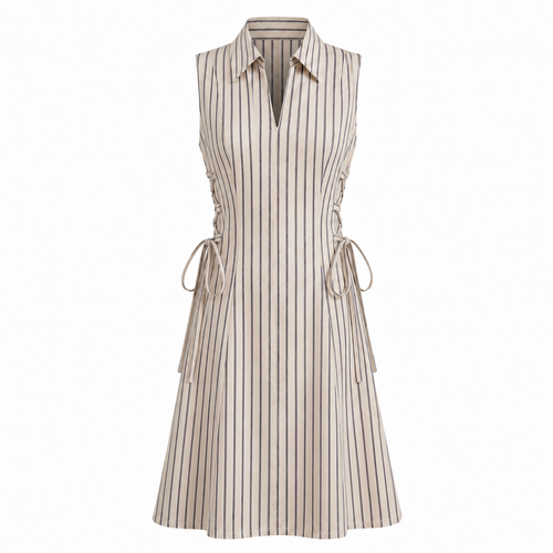 Beige Stripe Short Tie Waist Dress
