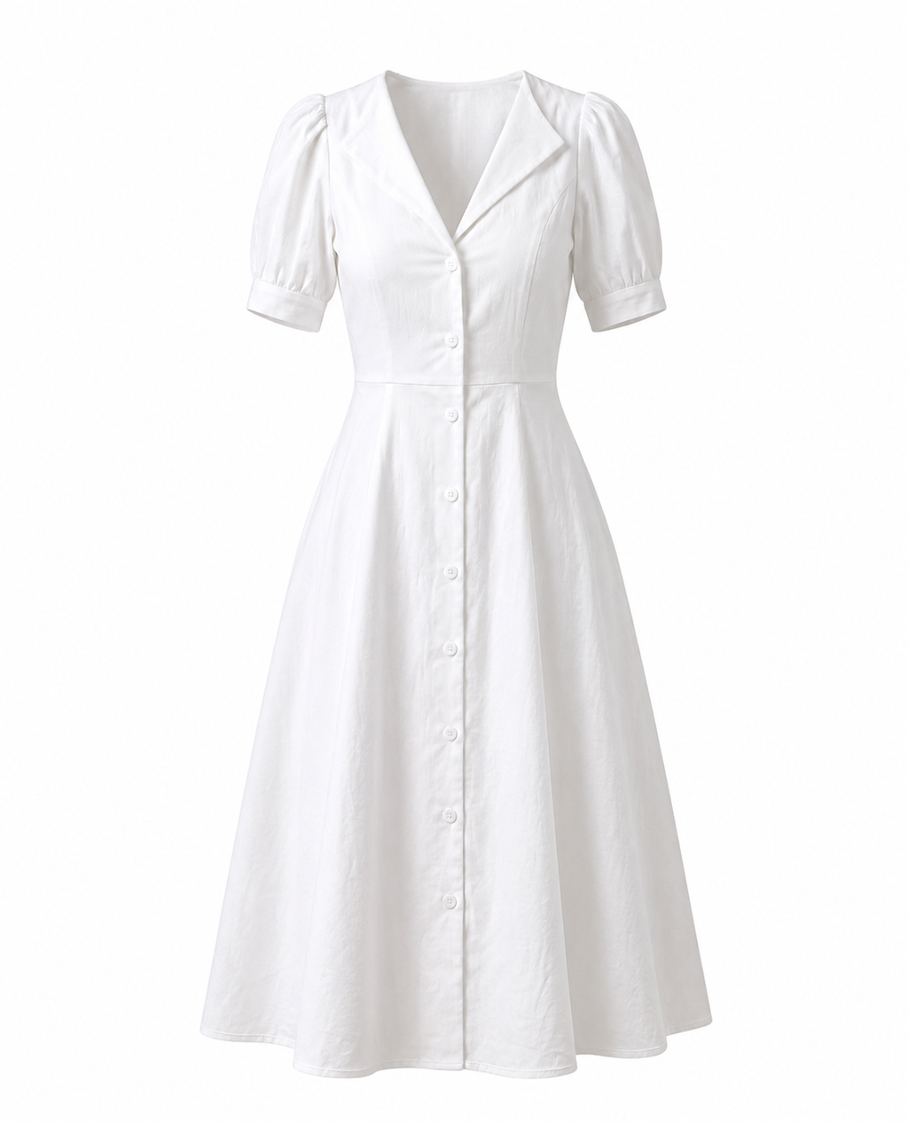Puff Sleeve Linen Dress - Midi Length