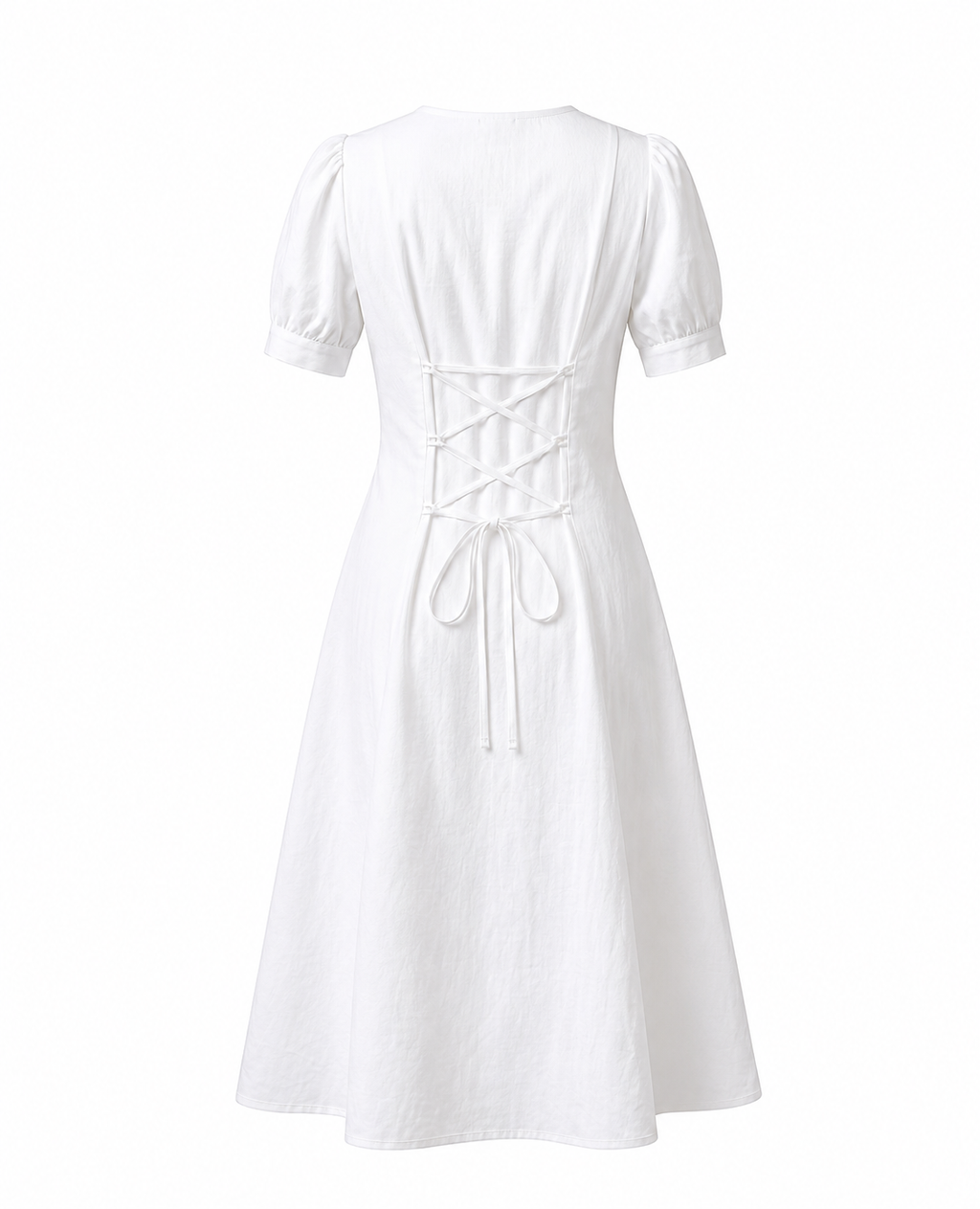 Puff Sleeve Linen Dress - Midi Length