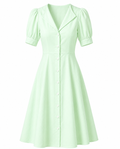 Puff Sleeve Linen Dress - Midi Length