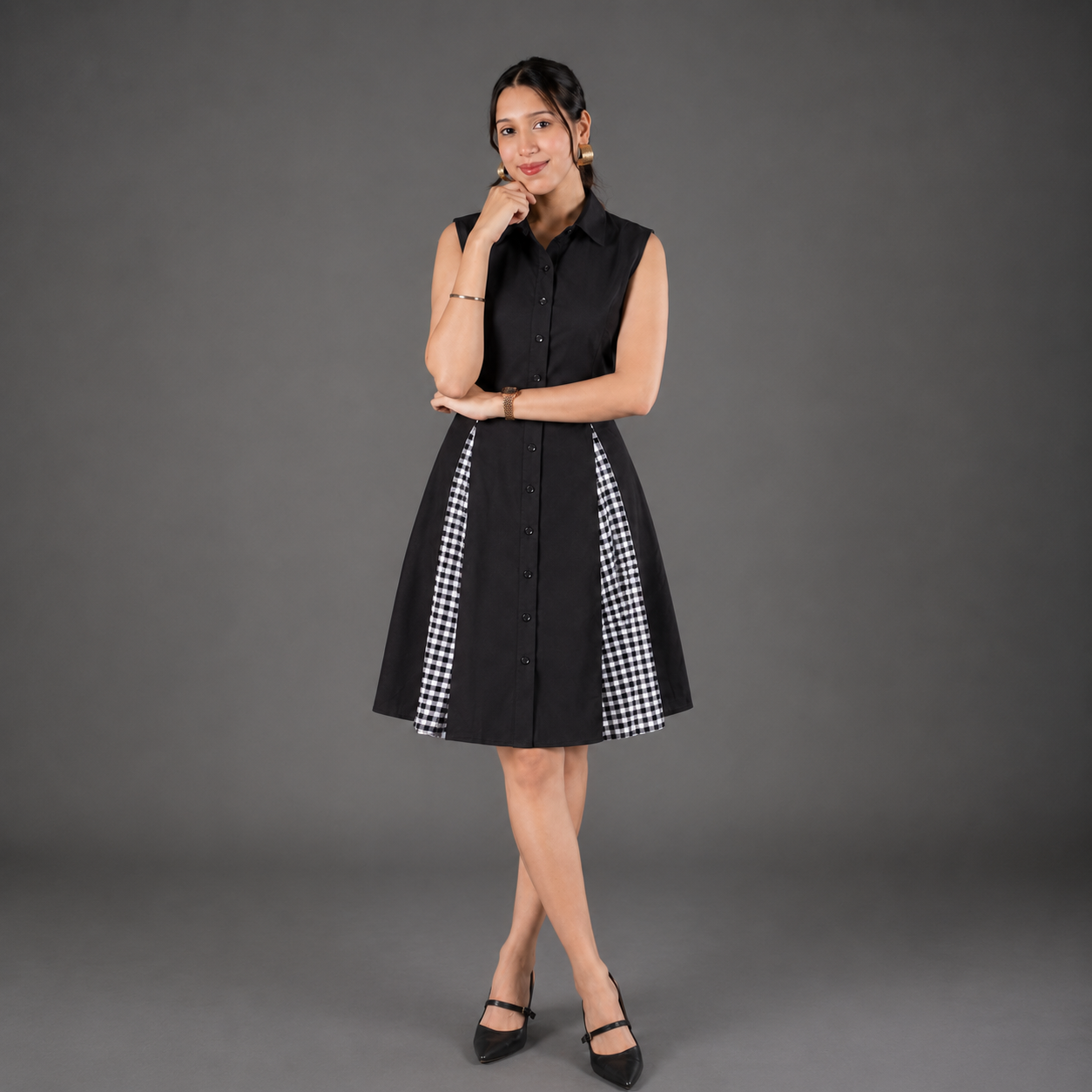 Checks Panel Short Shirt Dress