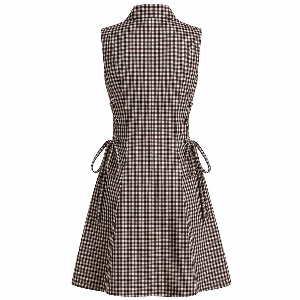Brown Check Short Tie Waist Dress