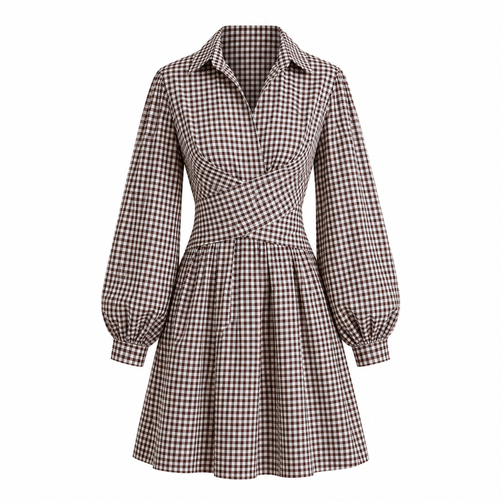 Brown Checks Short Wrap Dress