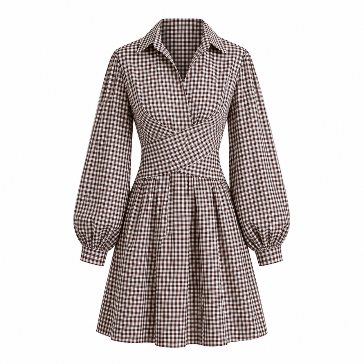 Brown Checks Short Wrap Dress-Cotton