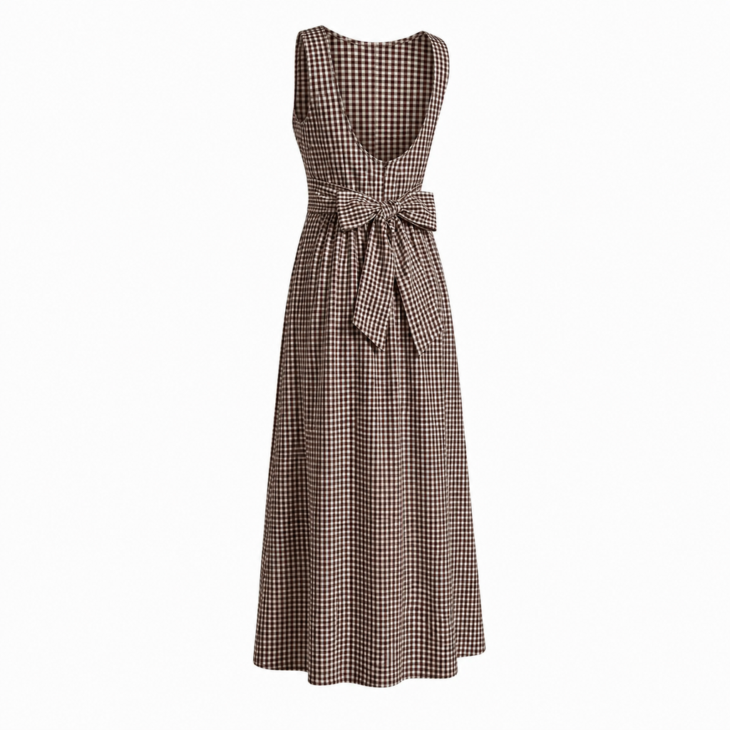 Cotton Brown Check Tie Back Dress