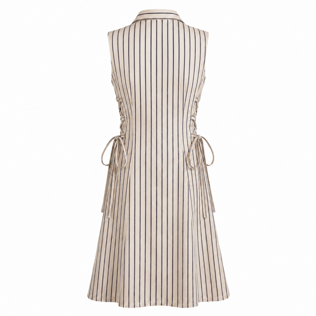 Beige Stripe Short Tie Waist Dress